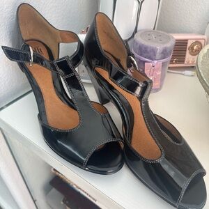 Black Patent T-Strap Peep-Toe Heels